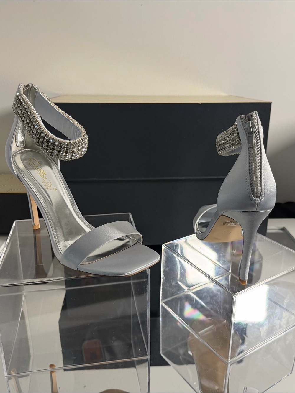 Silver Satin Open-Toe Ankle-Strap Heels with Crystal Detail